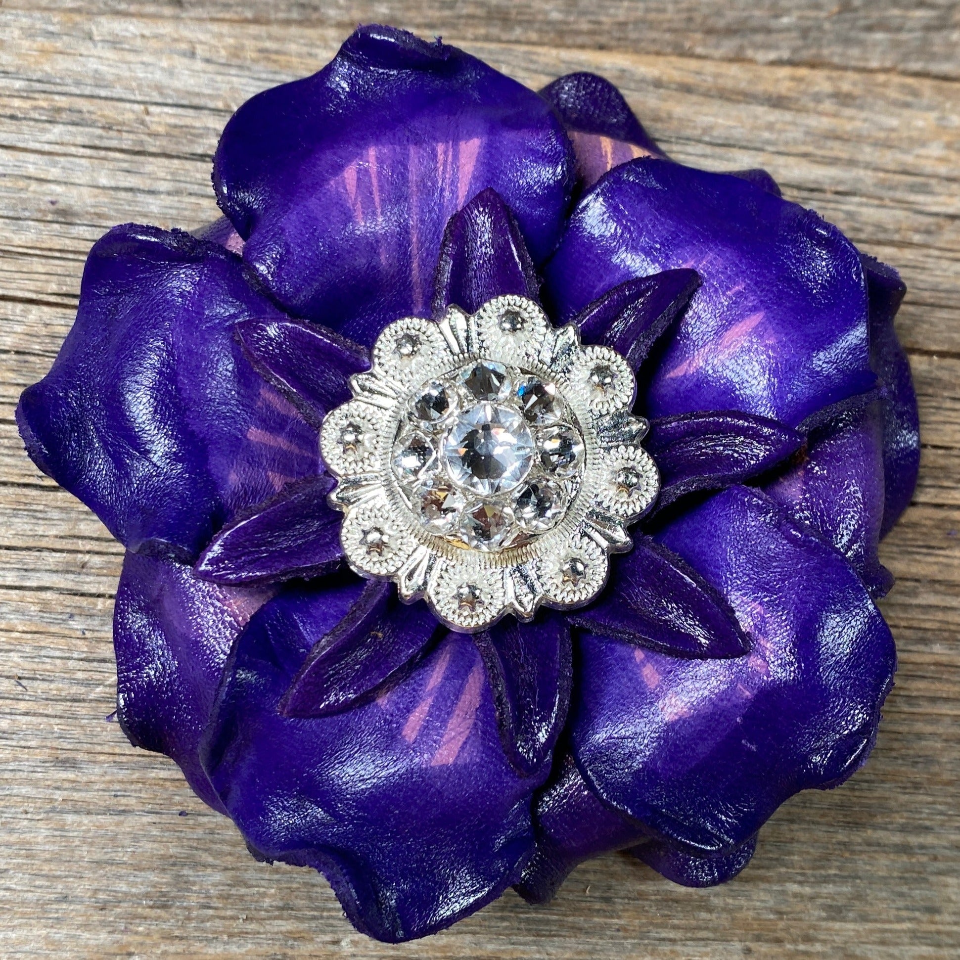 Purple Gardenia Leather Flowers - 1&quot; Crystal Conchos - Options