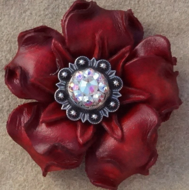 Red Gardenia Leather Flowers - 1&quot; Crystal Conchos - Options