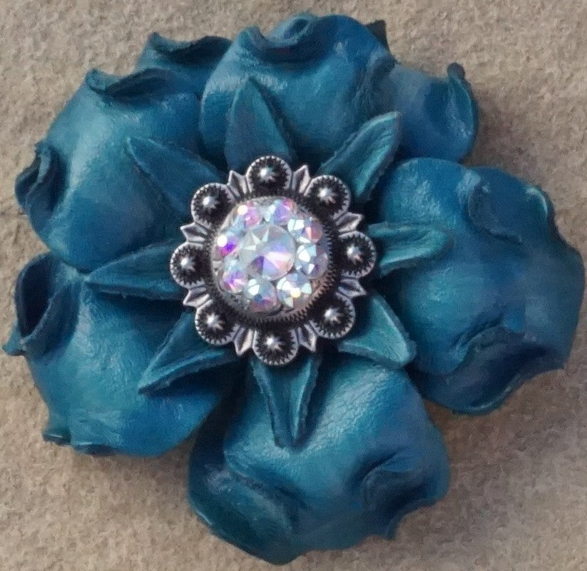 Turquoise Gardenia Leather Flowers - 1&quot; Crystal Conchos - Options