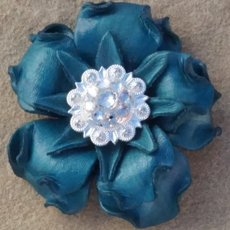 Turquoise Gardenia Leather Flowers - 1&quot; Crystal Conchos - Options