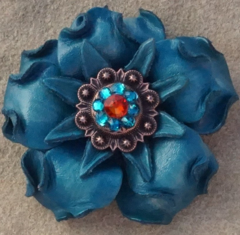 Turquoise Gardenia Leather Flowers - 1&quot; Crystal Conchos - Options
