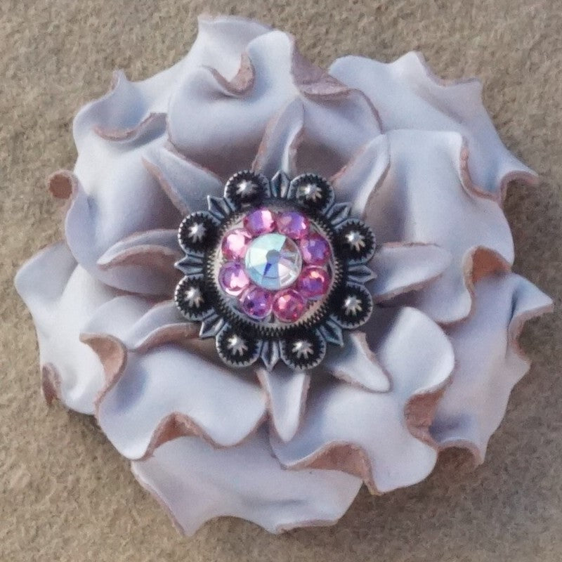 White Gardenia Leather Flowers - 1&quot; Crystal Conchos - Options