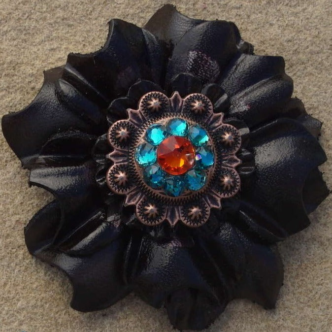 Black Carnations Leather Flowers - 1&quot; Crystal Conchos - Options