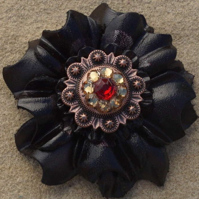 Black Carnations Leather Flowers - 1&quot; Crystal Conchos - Options