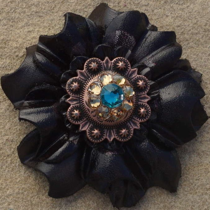 Black Carnations Leather Flowers - 1&quot; Crystal Conchos - Options