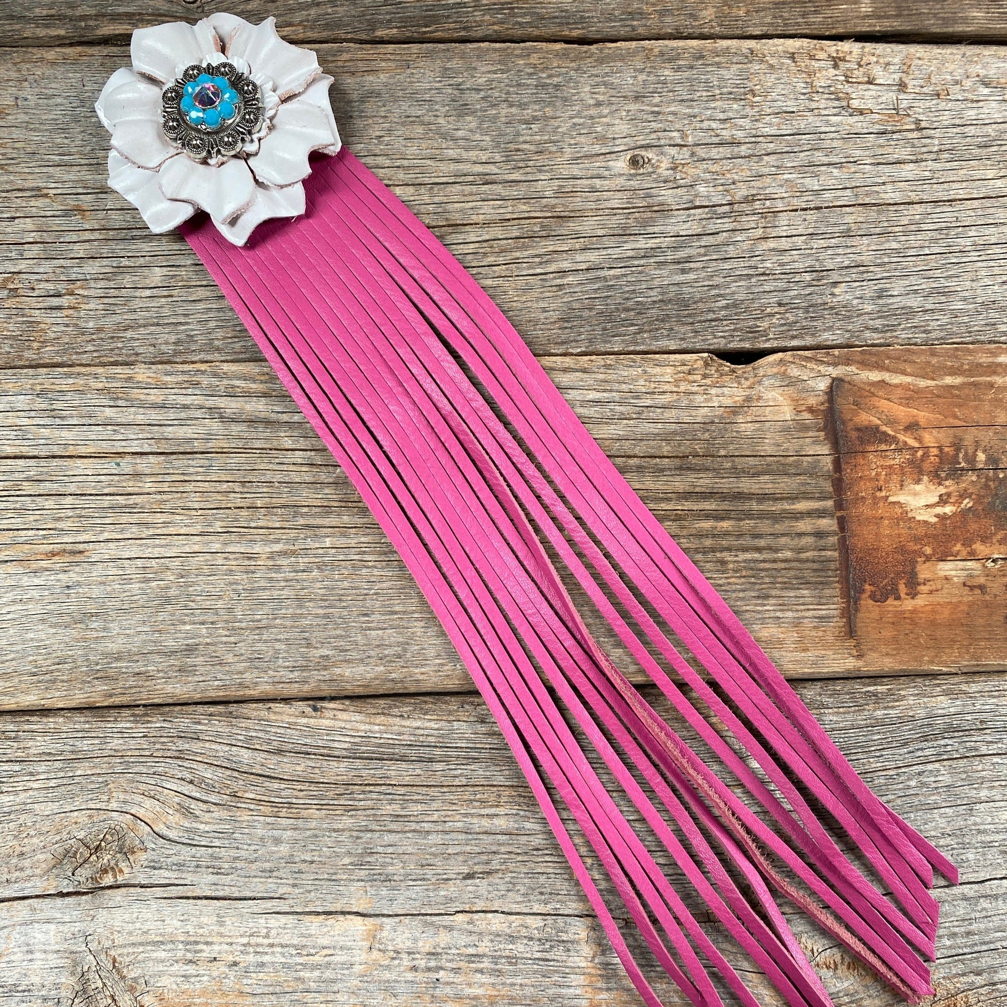 Leather White Carnation with Pink Fringe