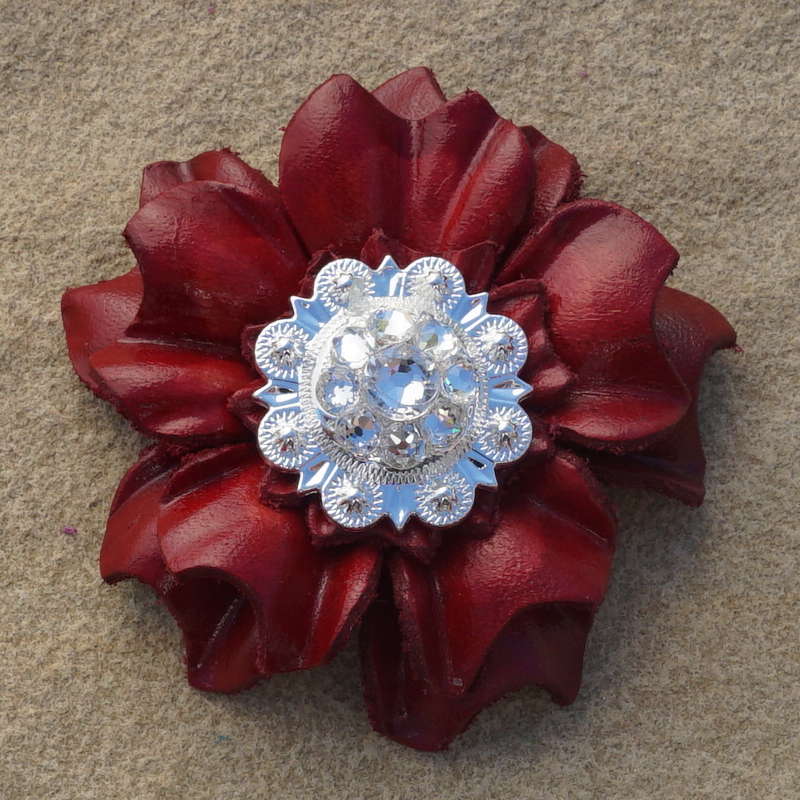 Red Carnations Leather Flowers - 1&quot; Crystal Conchos - Options