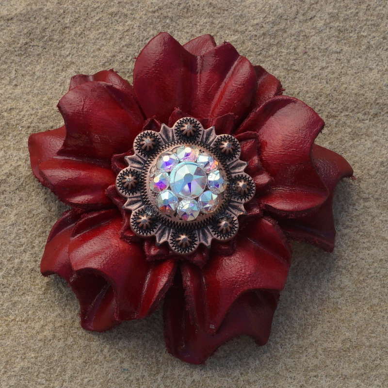 Red Carnations Leather Flowers - 1&quot; Crystal Conchos - Options