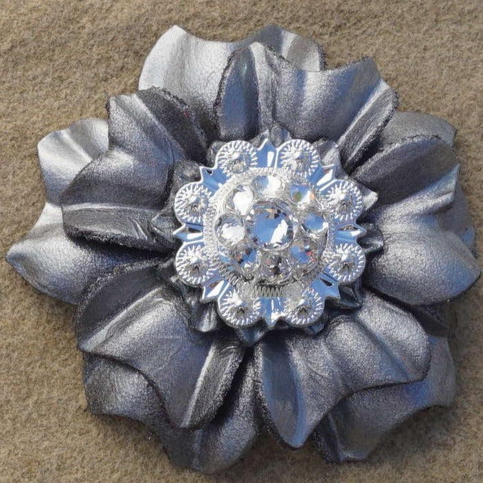 Silver Carnations Leather Flowers - 1&quot; Crystal Conchos - Options