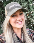 Smokeshow Trucker Hat Distressed Black Embroidered Pink or Aqua