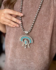 Large Sterling Silver & Kingman Turquoise Pendant – Native Made by L. – Fits 12mm Pearls