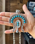 Large Sterling Silver & Kingman Turquoise Pendant – Native Made by L. – Fits 12mm Pearls