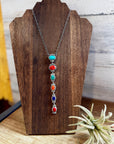Sterling Silver Lariat Necklace – Native Made – Turquoise, Spiny, & Lapis Charms – One of a Kind