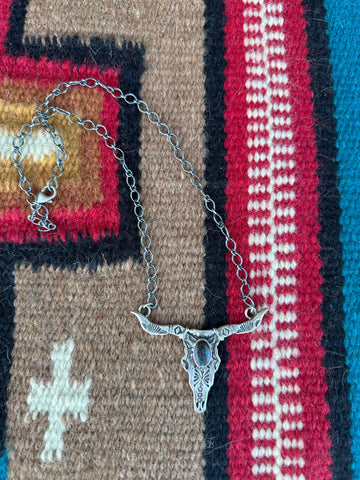 Navajo Sterling Silver & Turquoise Cow Head Necklace Signed Leroy James