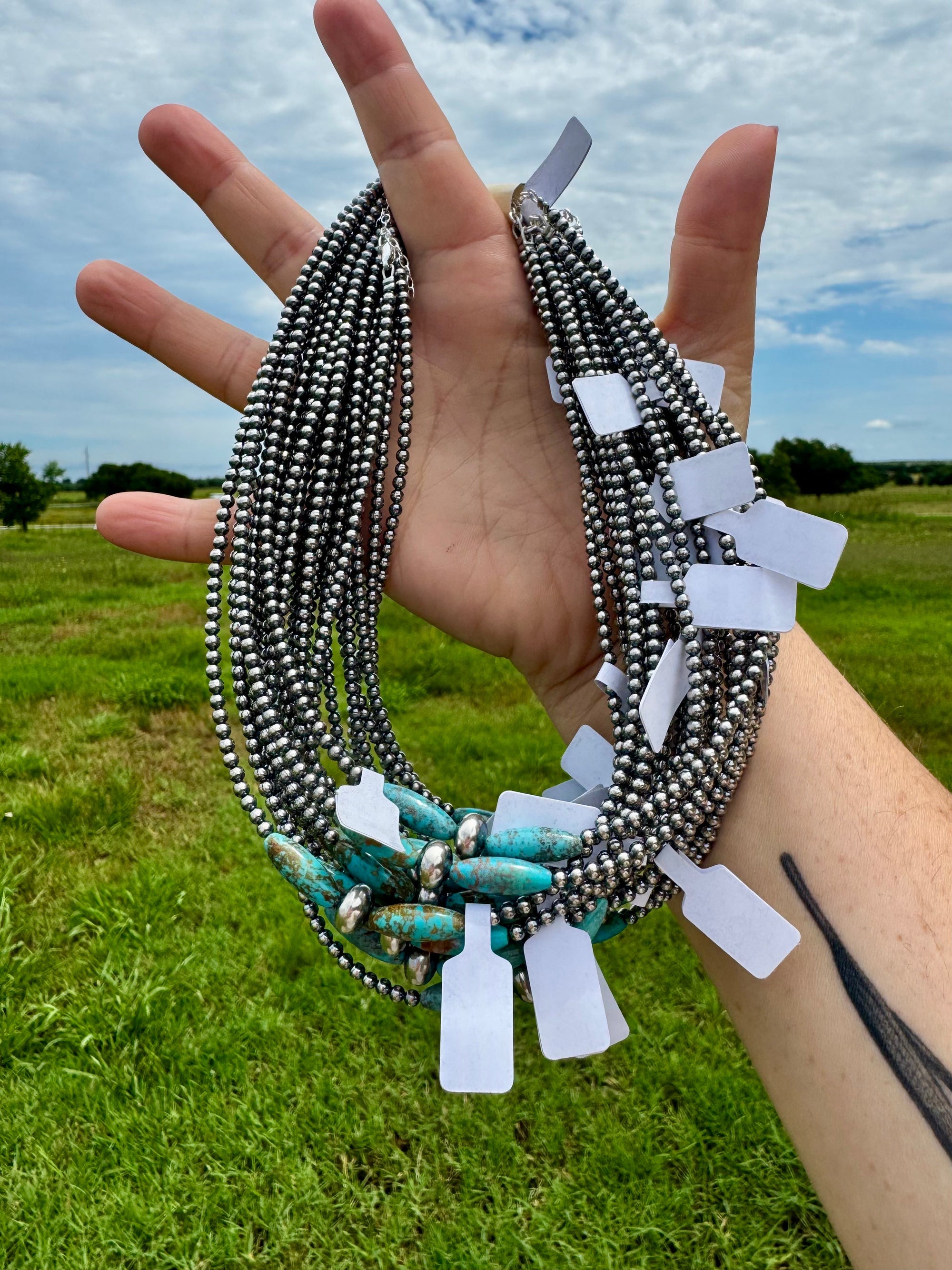 15-Inch Sterling Silver Pearl &amp; Blue Turquoise Torpedo Choker