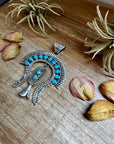 Large Sterling Silver & Kingman Turquoise Pendant – Native Made by L. – Fits 12mm Pearls