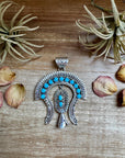 Large Sterling Silver & Kingman Turquoise Pendant – Native Made by L. – Fits 12mm Pearls