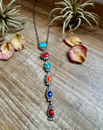 Sterling Silver Lariat Necklace – Native Made – Turquoise, Spiny, & Lapis Charms – One of a Kind
