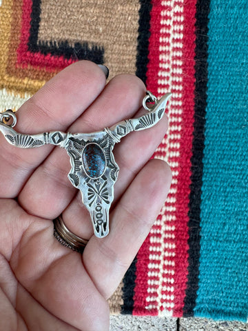 Navajo Sterling Silver & Turquoise Cow Head Necklace Signed Leroy James