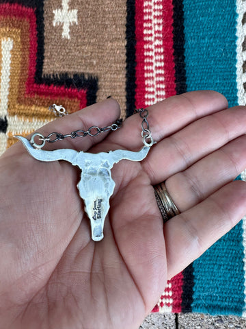 Navajo Sterling Silver & Turquoise Cow Head Necklace Signed Leroy James