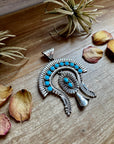 Large Sterling Silver & Kingman Turquoise Pendant – Native Made by L. – Fits 12mm Pearls