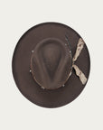H0012 - BROWN COWGIRL HAT WITH FABRIC AND LEATHER HATBAND AND DUO COLORED FEATHER.