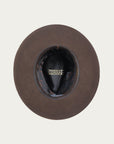 H0012 - BROWN COWGIRL HAT WITH FABRIC AND LEATHER HATBAND AND DUO COLORED FEATHER.