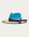 H0015 - MULTI-COLORED COWGIRL HAT WITH FABRIC AND LEATHER HATBAND AND DUO COLORED FEATHER