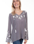 Emb Front/sleeves Tie Front Blouse - HC625