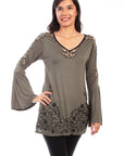 Applique Emb. V-neck Tunic Bell Slv - HC626