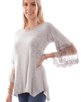 Printed Top W/tulle Crochet Sleeve - HC756