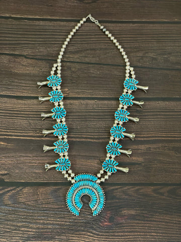 Handmade Sterling Silver Kingman Turquoise Squash Blossom Necklace, Signed Nizhoni