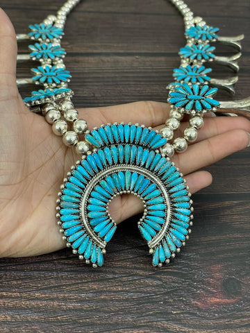Handmade Sterling Silver Kingman Turquoise Squash Blossom Necklace, Signed Nizhoni
