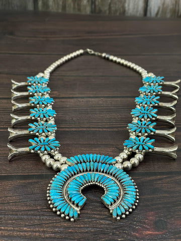Handmade Sterling Silver Kingman Turquoise Squash Blossom Necklace, Signed Nizhoni