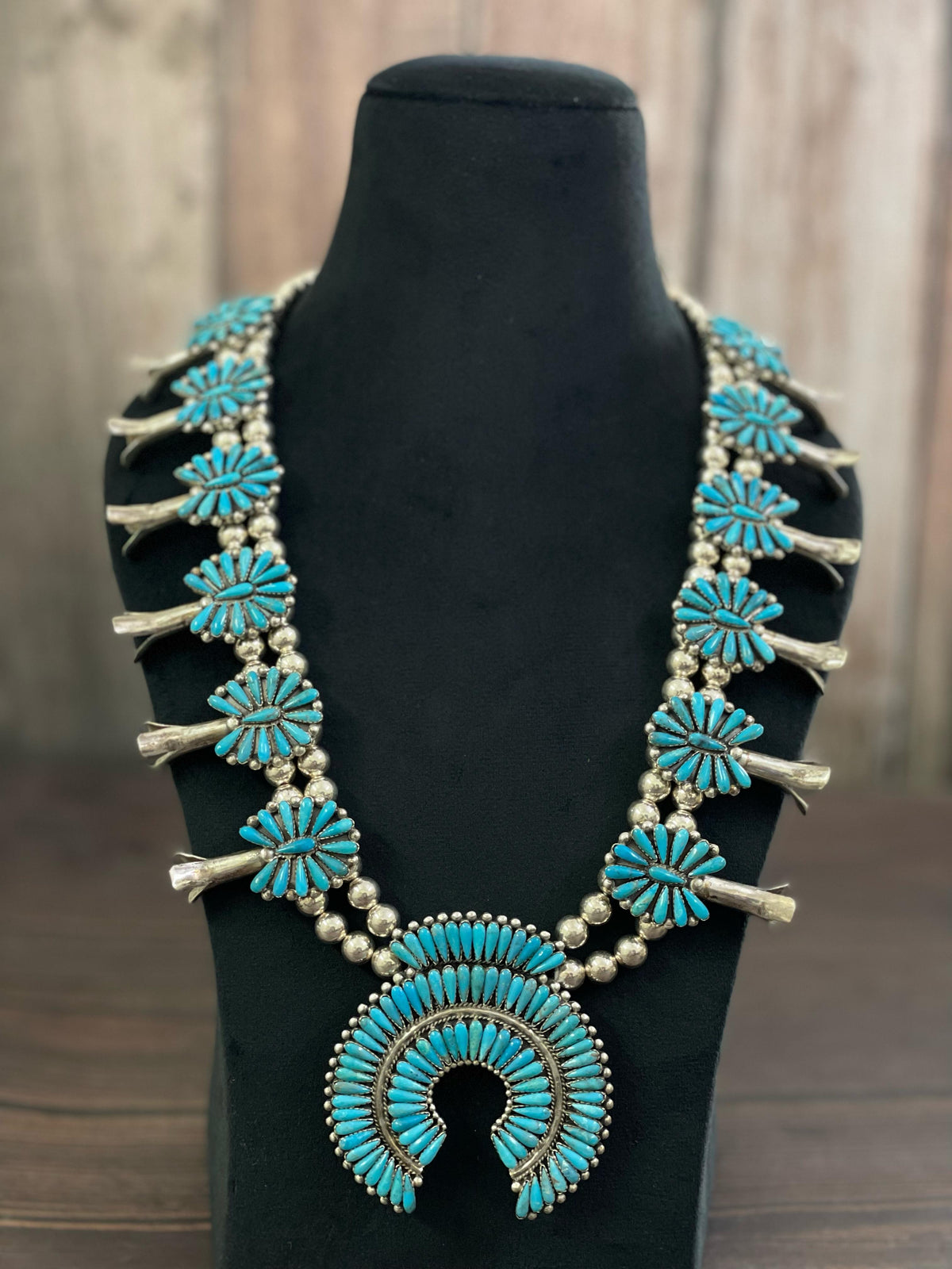 Handmade Sterling Silver Kingman Turquoise Squash Blossom Necklace, Signed Nizhoni