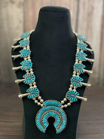 Handmade Sterling Silver Kingman Turquoise Squash Blossom Necklace, Signed Nizhoni