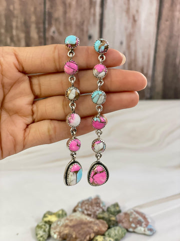 Handmade Sterling Silver Cotton Candy Turquoise, Post Earrings, Signed Nizhoni