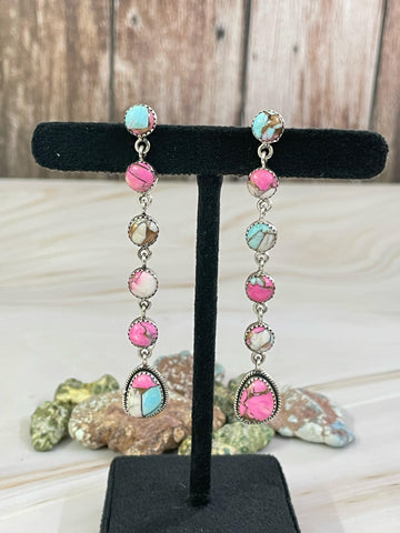 Handmade Sterling Silver Cotton Candy Turquoise, Post Earrings, Signed Nizhoni