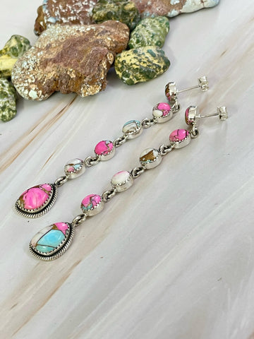 Handmade Sterling Silver Cotton Candy Turquoise, Post Earrings, Signed Nizhoni