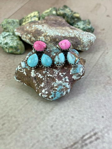 Handmade Sterling Silver Cotton Candy Turquoise, Post Earrings, Signed Nizhoni