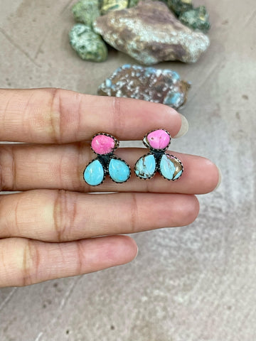 Handmade Sterling Silver Cotton Candy Turquoise, Post Earrings, Signed Nizhoni