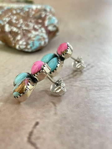 Handmade Sterling Silver Cotton Candy Turquoise, Post Earrings, Signed Nizhoni