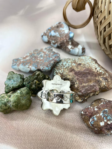 Handmade Sterling Silver Golden Hills, Cotton Candy Turquoise Adjustable Ring with Signed Nizhoni