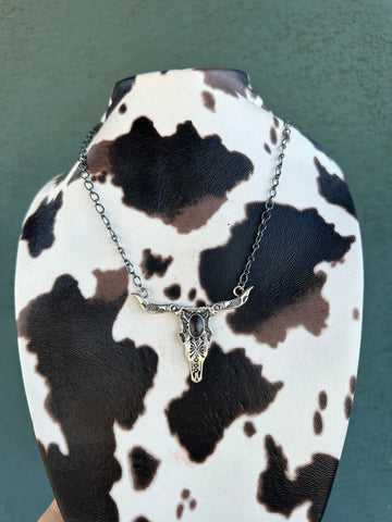 Navajo Sterling Silver & Turquoise Cow Head Necklace Signed Leroy James