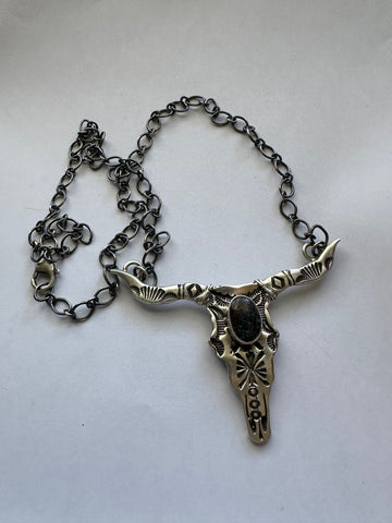 Navajo Sterling Silver & Turquoise Cow Head Necklace Signed Leroy James