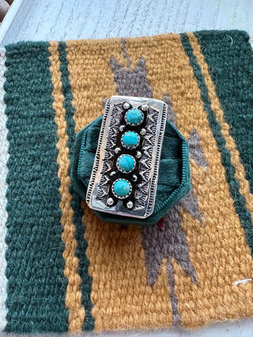 Stunning Handmade Turquoise & Sterling Silver Adjustable 4 Circle Stone Ring