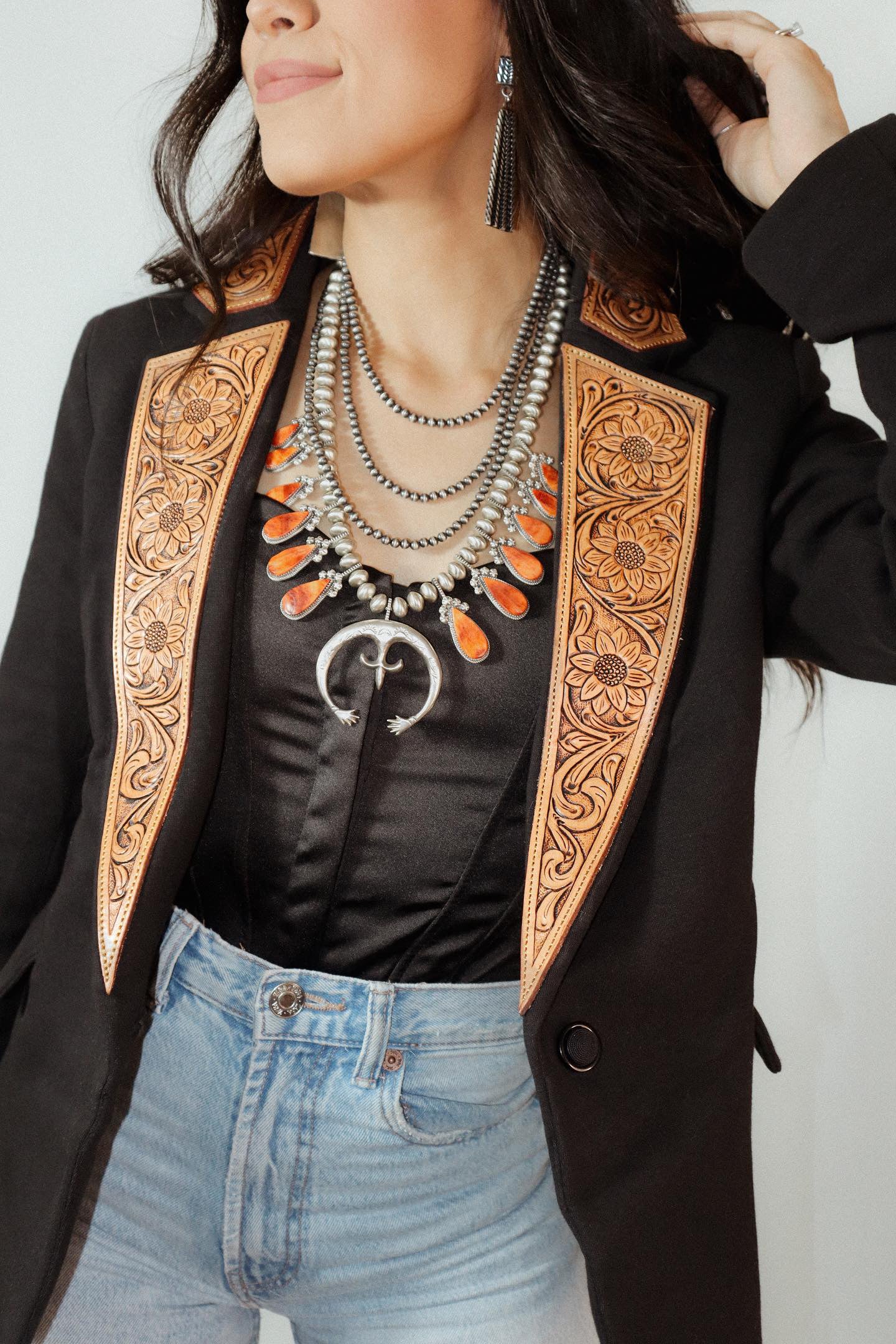 Navajo Orange Spiny & Sterling Silver Squash Blossom Set | Shop Now!