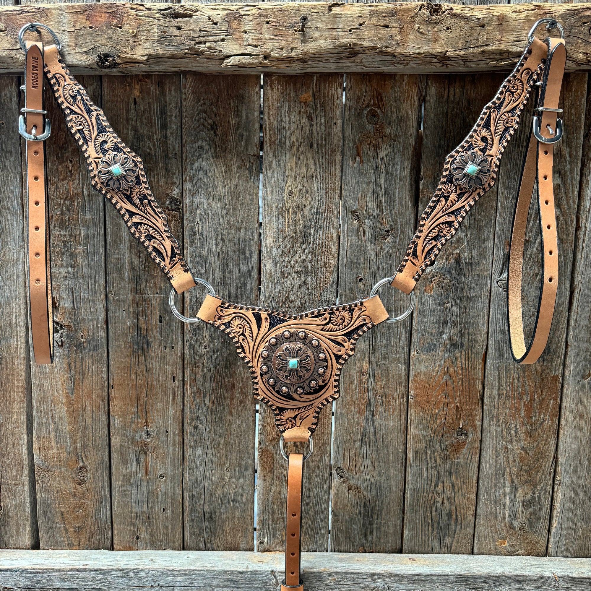 Light Oil Floral Whipstitch and Turquoise Browband/ One Ear Triangle / Gladiator Breastcollar Tack Set 
