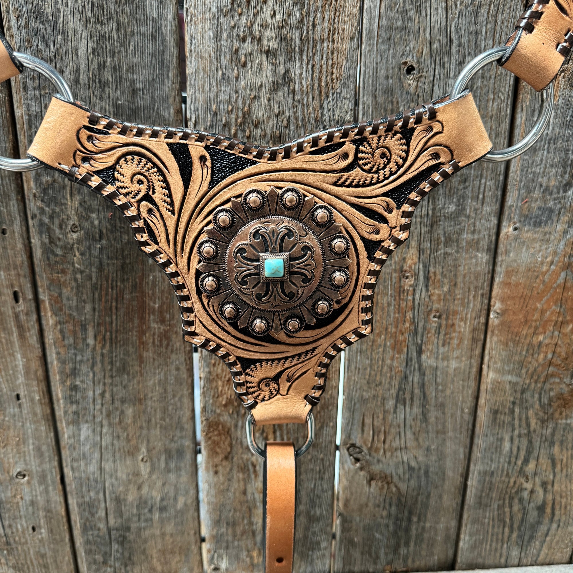 Light Oil Floral Whipstitch and Turquoise Browband/ One Ear Triangle / Gladiator Breastcollar Tack Set 