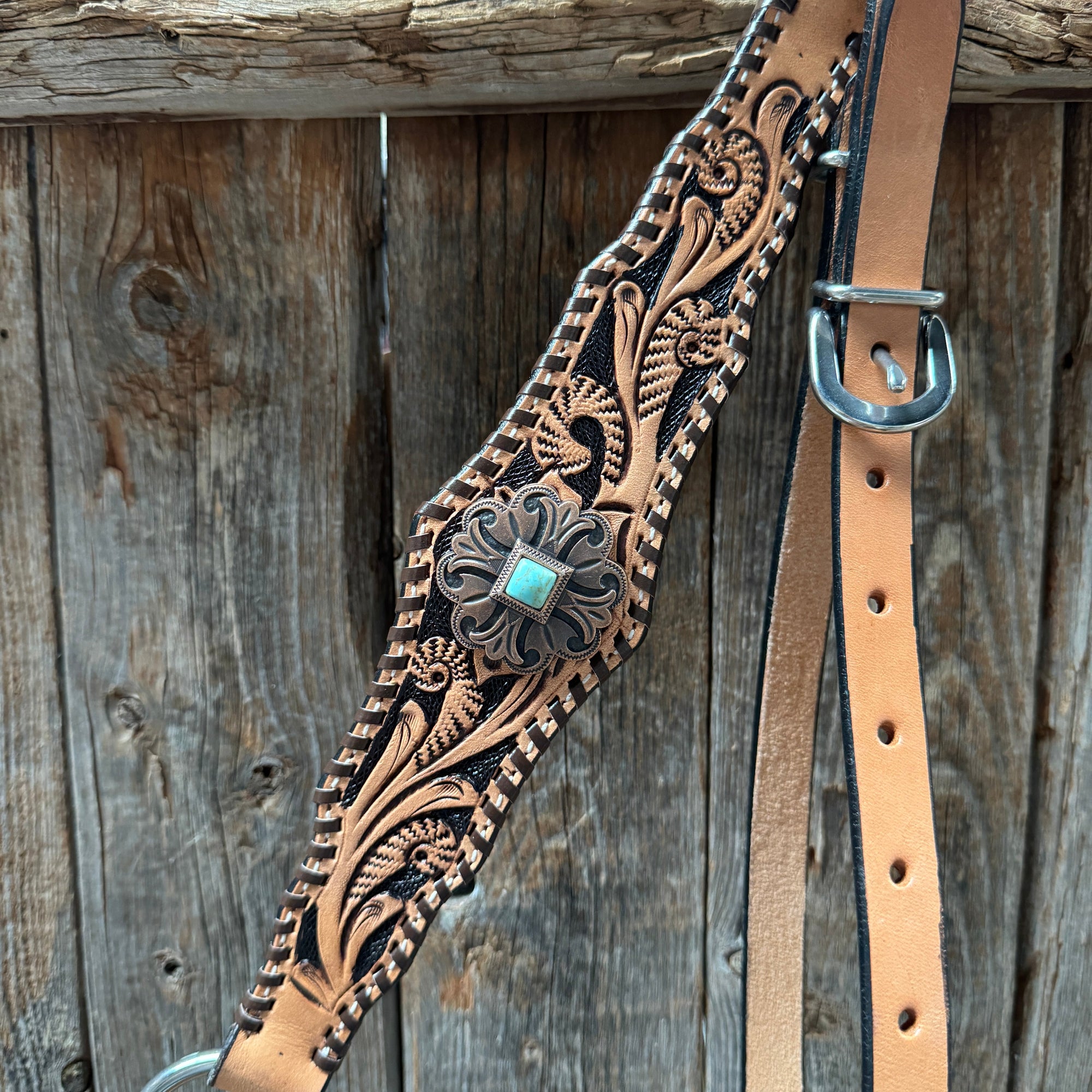 Light Oil Floral Whipstitch and Turquoise Browband/ One Ear Triangle / Gladiator Breastcollar Tack Set 